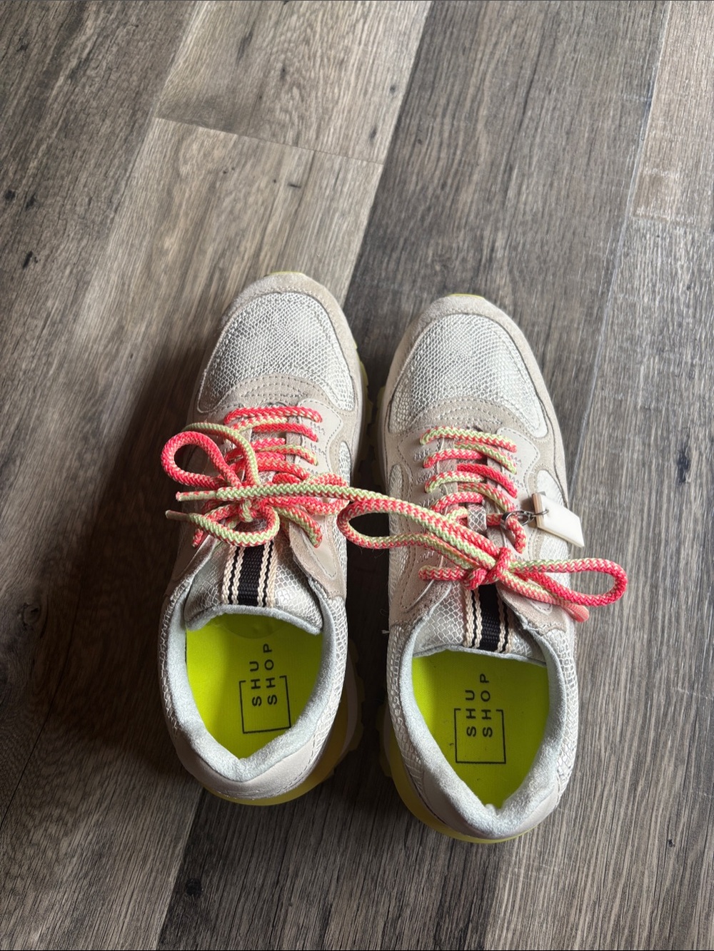ShuShop Beige Sneakers with Neon Pink and Yellow Accents